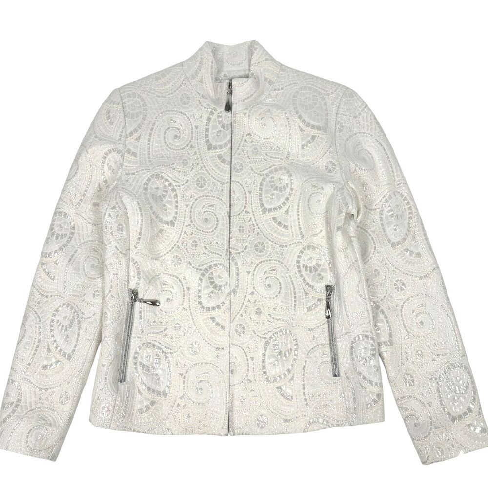 Chico’s White Silver Metallic Full Zip Textured Coat Jacket Size 0 S 4/6